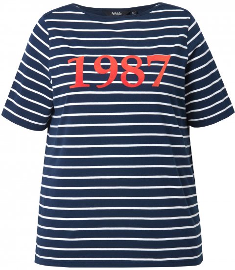 Ulla Popken Striped 1987 Boat Neck Tee Navy Blue - Печатни тениски за жени - 