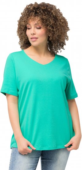 Ulla Popken Double Layer Rounded V-Neck Slim Fit Tee Turquioise Green - Тениски - 