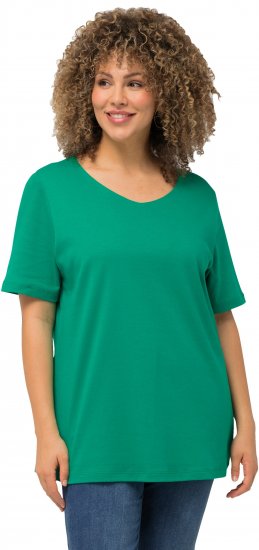 Ulla Popken Double Layer Rounded V-Neck Slim Fit Tee Emerald - Тениски - 