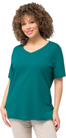 Ulla Popken Double Layer Rounded V-Neck Slim Fit Tee Dark Emerald - Тениски - 