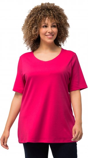 Ulla Popken Double Layer Rounded V-Neck Slim Fit Tee Magenta Pink - Тениски - 