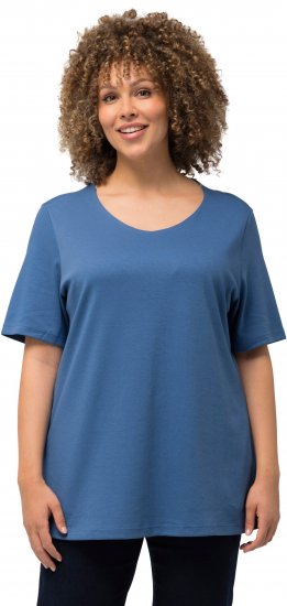 Ulla Popken Double Layer Rounded V-Neck Slim Fit Tee Denim Blue - Тениски - 