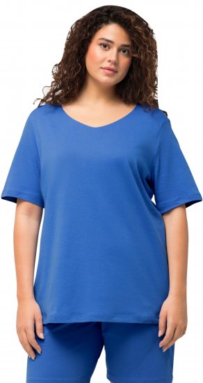 Ulla Popken Double Layer Rounded V-Neck Slim Fit Tee Blue - Тениски - 