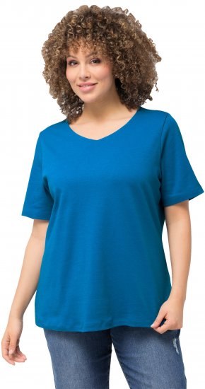 Ulla Popken Double Layer Rounded V-Neck Slim Fit Tee Medium Blue - Тениски - 