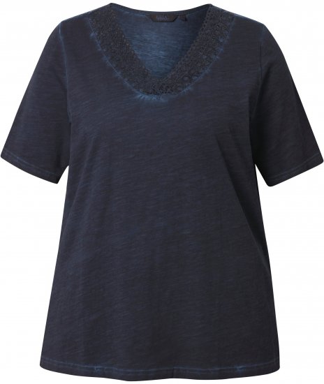 Ulla Popken Lace Trim Short Sleeve Tee Navy Blue - Тениски - 