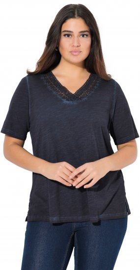 Ulla Popken Lace Trim Short Sleeve Tee Navy Blue - Тениски - 