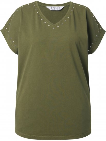 Ulla Popken Oversized studded Acid-washed V-Neck T-shirt Palm Green - Тениски - 