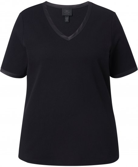 Ulla Popken Satin Trimmed Ribbed Jersey Short Sleeve T-Shirt Black - Тениски - 