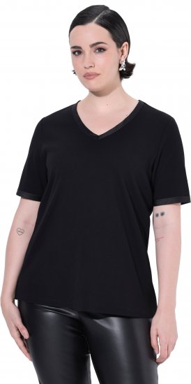 Ulla Popken Satin Trimmed Ribbed Jersey Short Sleeve T-Shirt Black - Тениски - 