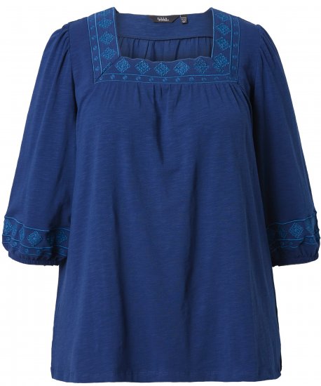 Ulla Popken Embroidered Detail 3/4 Sleeve Tee Dark Blue - Печатни тениски за жени - 