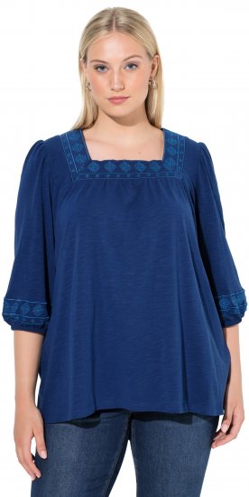 Ulla Popken Embroidered Detail 3/4 Sleeve Tee Dark Blue - Печатни тениски за жени - 