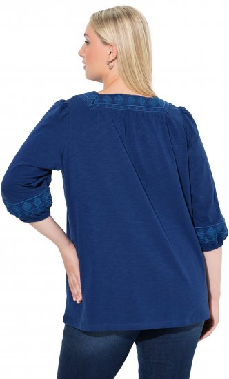 Ulla Popken Embroidered Detail 3/4 Sleeve Tee Dark Blue - Печатни тениски за жени - 