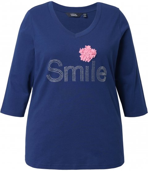 Ulla Popken Smile Rhinestone 3/4 Sleeve Graphic Tee Ink Blue - Печатни тениски за жени - 