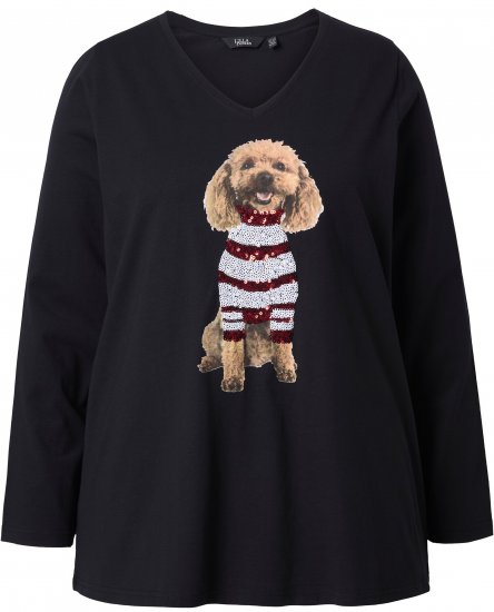 Ulla Popken Sequined Puppy Long Sleeve Graphic Tee Black - Печатни тениски за жени - 