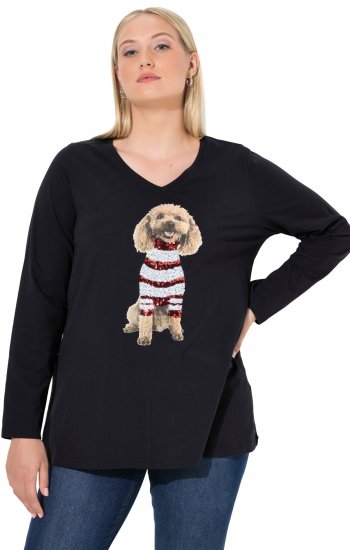 Ulla Popken Sequined Puppy Long Sleeve Graphic Tee Black - Печатни тениски за жени - 