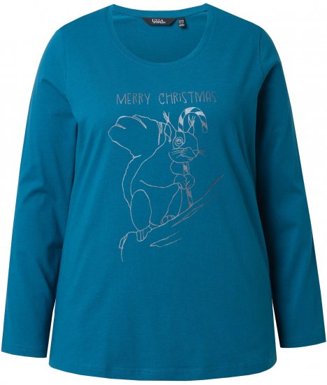 Ulla Popken Holiday Long Sleeve Graphic Tee Teal - Печатни тениски за жени - 