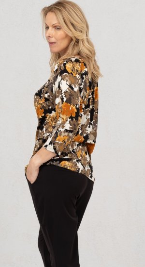 Scandinavian Caramel Flowers Blouse Orange and Brown - Печатни тениски за жени - 