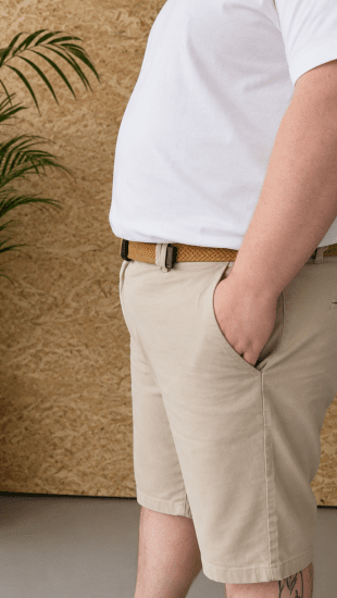Kam Jeans 3402 Belted Dobby Weave Stretch Chino Shorts Beige - Шорти - мъжки къси панталони големи размери